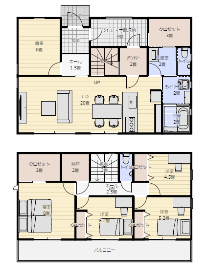 回遊動線の住宅の間取り 42坪5LDKの間取り図