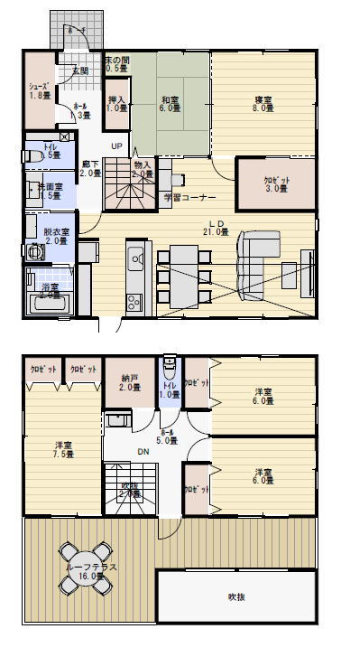 学習コーナーのある間取り図。大人数家族で住む5LDKの住宅プラン。の間取り図