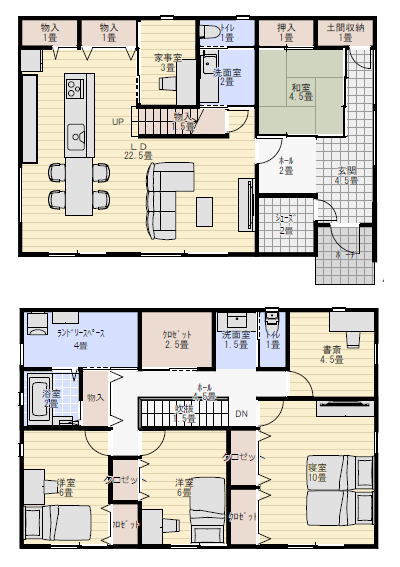 家事室のある住宅プラン キッチンとダイニング一直線の間取りシミュレーションの間取り図