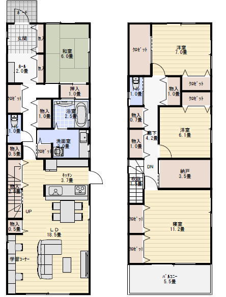 学習コーナーと壁面収納のある間取り図の間取り図