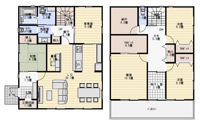 家事室と部屋干し室のある家の間取り図の間取り図